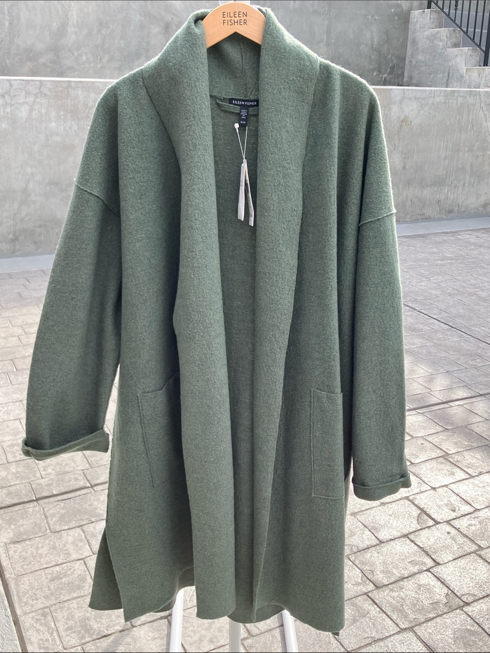 NEW! Eileen Fisher High Collar Boiled Wool Coat in Cypress